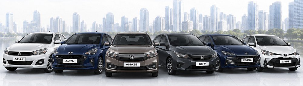 OrbitCab Sedan fleet — Dzire, Aura, Amaze, City, Verna, Yaris